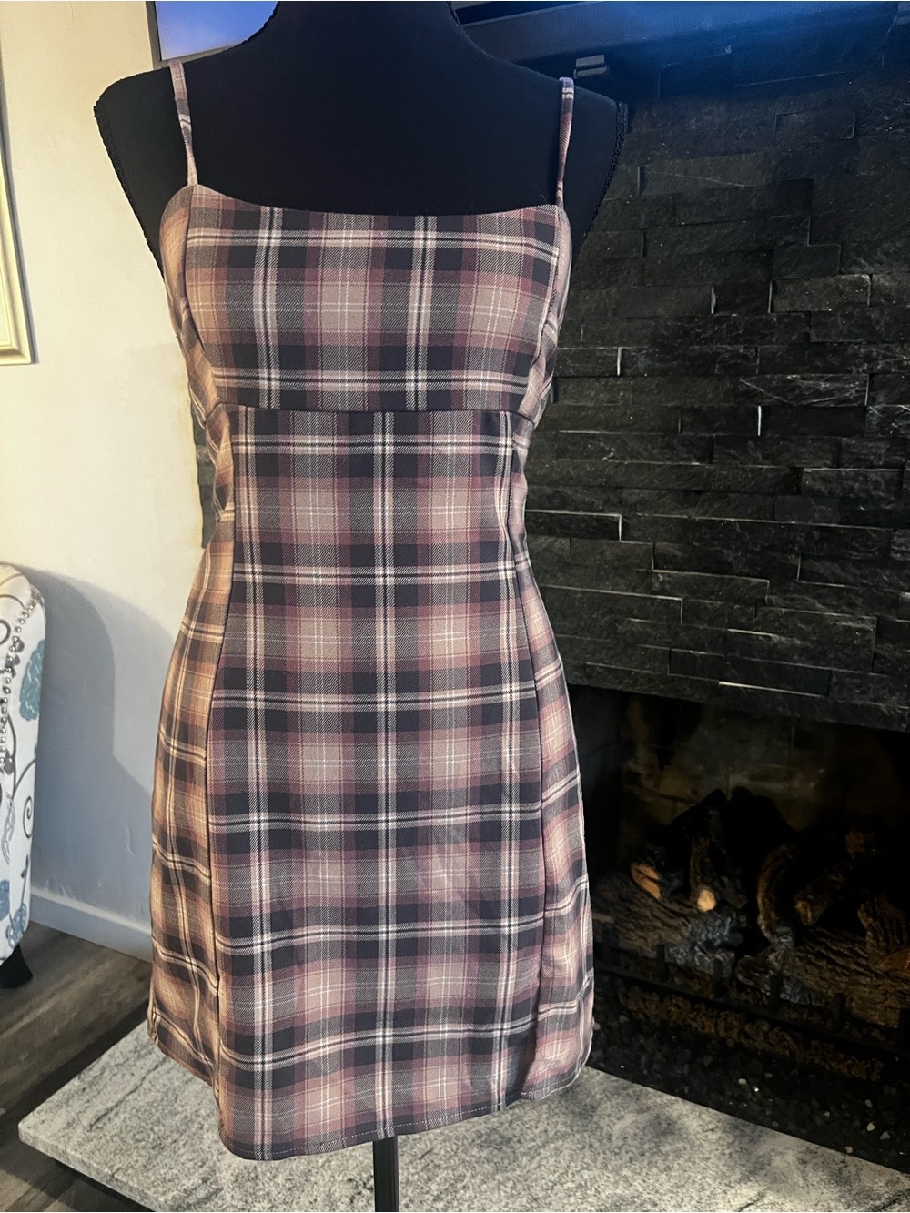 Plaid Spaghetti-strap mini Dress - purple / gray